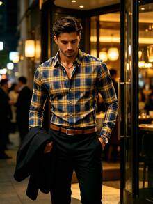 Men's Plaid Casual Long Sleeve Shirt - Blue - View 5