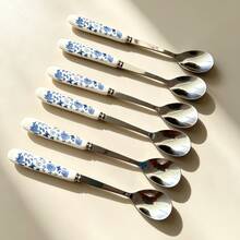 6/12pcs Blue Floral Ceramic Handle Stainless Steel Coffee Spoons, Dessert Spoons, Ice Cream Spoons, Small Spoons, Small Forks And Fruit Forks, Suitable For Home, Restaurant, Hotel Use - Multicolor - View 15