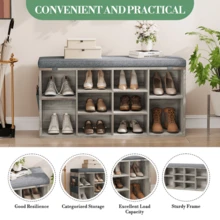 Wanfeeso Entryway Shoe Bench With Storage - Upholstered Seating Bench With Open Compartments & Side Pockets - Space-Saving Shoe Rack Organiser For Hallway & Bedroom - Grey 104*30.5*53 - View 2