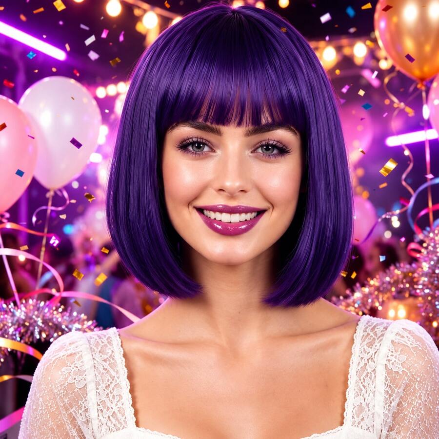 Carnival Easter Halloween Party Costume Wig, Clown Character Outfit, Suitable For Halloween Party, Stage Performance, Theme Cosplay, Also For Daily Wear, Fluffy Style With Strong Atmosphere, Comfortable To Wear, 12-Inch Purple Bob Wig With Bangs - Purple - View 1