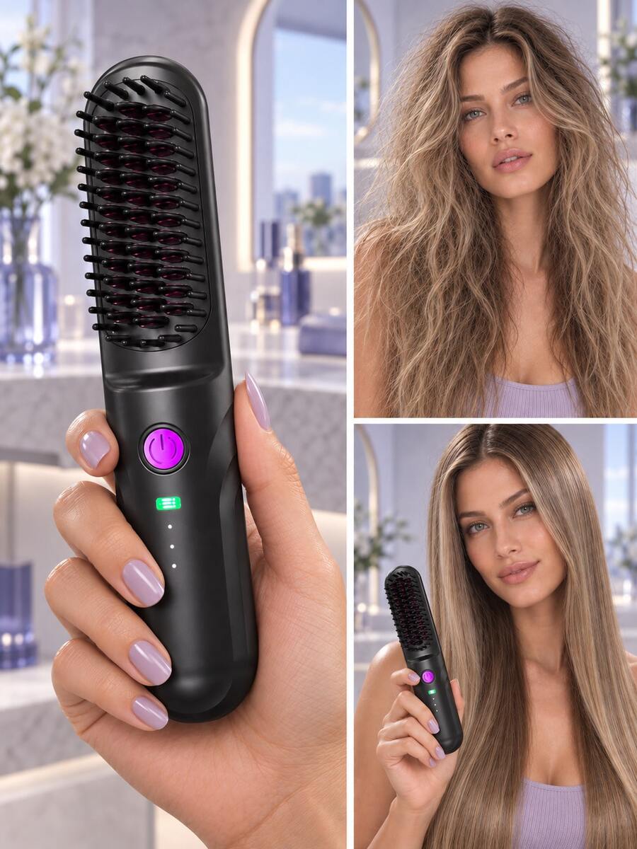 Portable Wireless Hair Straightening Brush, 2600mAh USB-C Rechargeable Styling Brush, 3 Temperature Settings, Compact Wireless Straight & Wavy Hair Styling Comb - Multicolor - View 1