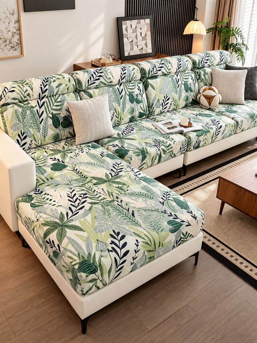 1pc Leaf Print Elastic Sofa Seat Cushion Cover, All Season