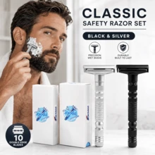 Men's Classic Safety Razor, With 10pcs Double Edge Manual Shaving Razor, Wet Shave Grooming Tool For Men, Black Or Silver Color Option - Multi-color - View 1