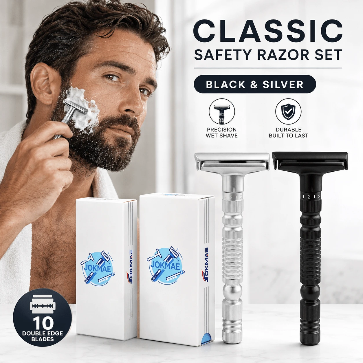Men's Classic Safety Razor, With 10pcs Double Edge Manual Shaving Razor, Wet Shave Grooming Tool For Men, Black Or Silver Color Option - Multi-color - View 1