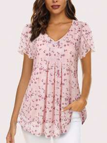 CheersLife Blus Kasual Wanita Lengan Pendek Leher V dengan Lapisan Ganda Jala untuk Musim Panas - Dusty Pink - View 2