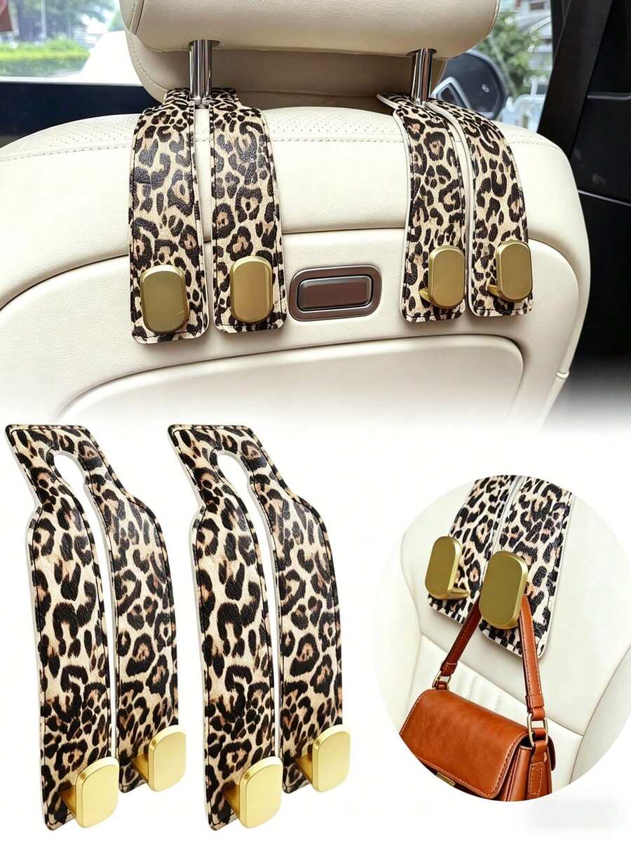 Leopard Print Car Headrest Hook, Hidden Dual Hook, Heavy Duty Car Seat Back Hook, Universal Car Rear Seat Storage Rack, Suitable For Handbags, Shopping Bags, Car Interior Decoration