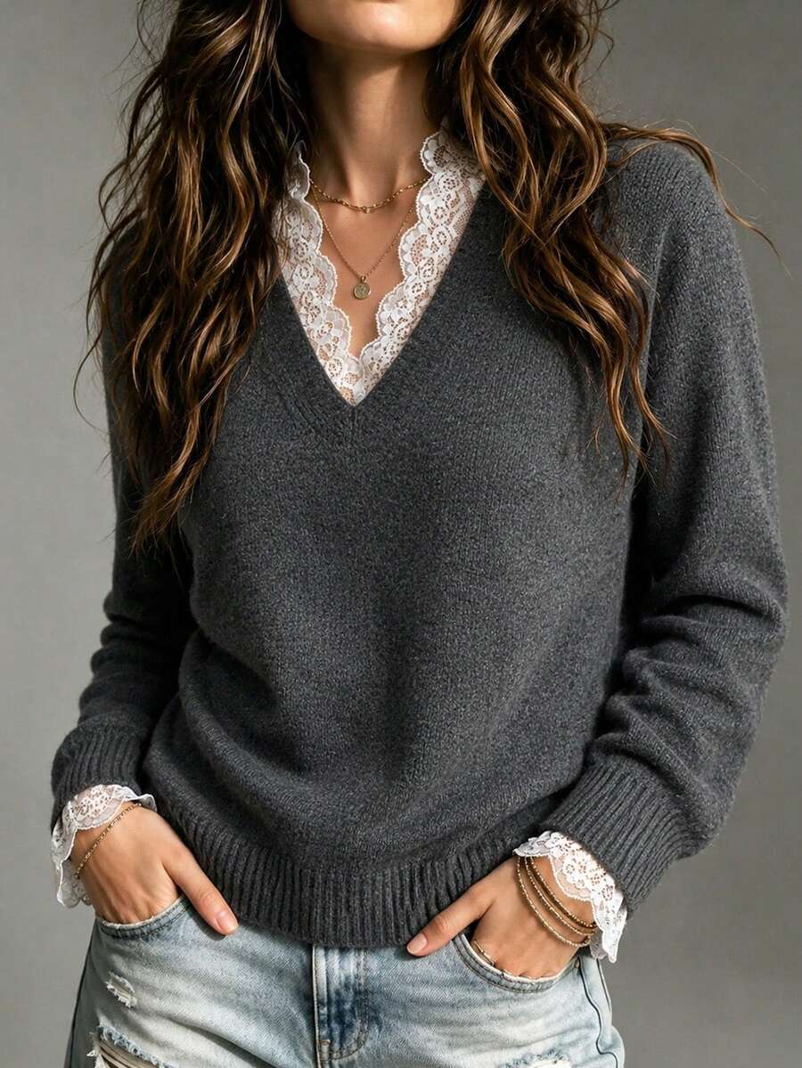 Women's Chic Knit V-Neck Pullover Sweater With Contrast Lace Trim Long Sleeves, Perfect For Fall And Winter. - Grey - View 1
