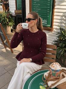 Women's Burgundy Knitted Ruffle Top, Pearl Decor, Round Neck Long Sleeve Regular Length Medium Stretch Autumn Sweater - Brown - View 1