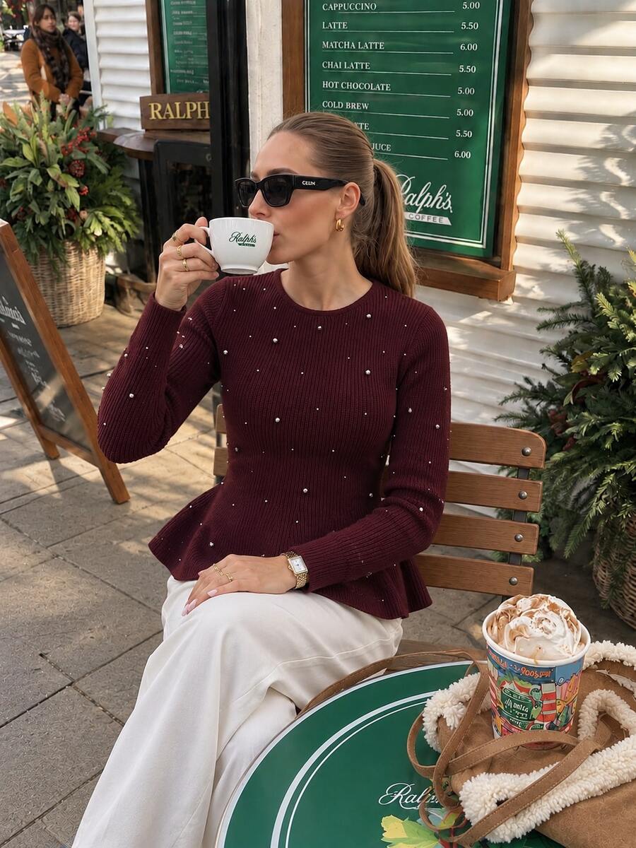 Women's Burgundy Knitted Ruffle Top, Pearl Decor, Round Neck Long Sleeve Regular Length Medium Stretch Autumn Sweater - Brown - View 1