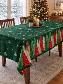 1 Christmas Tablecloth, Green Christmas Tree Patterned Table Cover, Holiday Kitchen Party Decoration, Christmas Dinner Festive Home Decoration - Multicolor - View 9