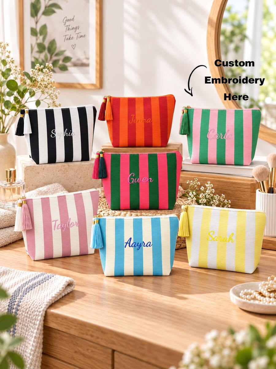 Custom Embroidered Striped Makeup Bag, Color Block Cosmetic Pouch, Travel Toiletry Bag, Lightweight Portable Organizer For Daily Use, Coin Purse - Multicolor - View 1
