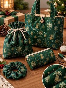 HHMC 1pc DIY Christmas Decorative Fabric - Green Background With Gold Bell And Snowflake Print, 150cm Wide, Perfect For Autumn/Winter Season. Suitable For Sewing Bags, Curtains, Home Decor, Pillows, Tablecloths And Other Handicrafts. - Multicolor - View 6