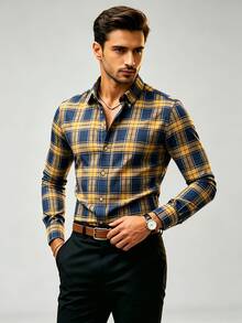 Men's Plaid Casual Long Sleeve Shirt - Blue - View 3