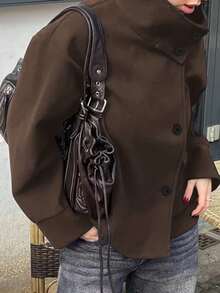 Women's Plus Size Funnel Neck Regular Sleeve Front Button Knit Cardigan, Autumn/Winter Essential. - Coffee Brown - View 3