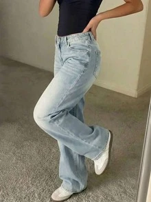 青少年女孩時尚休閒寬鬆直筒牛仔褲 - 淺色水洗藍 - 查看 4