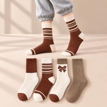 4 Pairs Women's Autumn/Winter Vintage Brown Tone Mid-Calf Socks, Striped Bowknot Colorblock Design, Casual Versatile Ribbed Socks - Multicolor - View 8