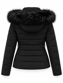 Women Faux Fur Trim Hooded Zip Up Padded Coat With Waist Buckle Detail - Black - View 8