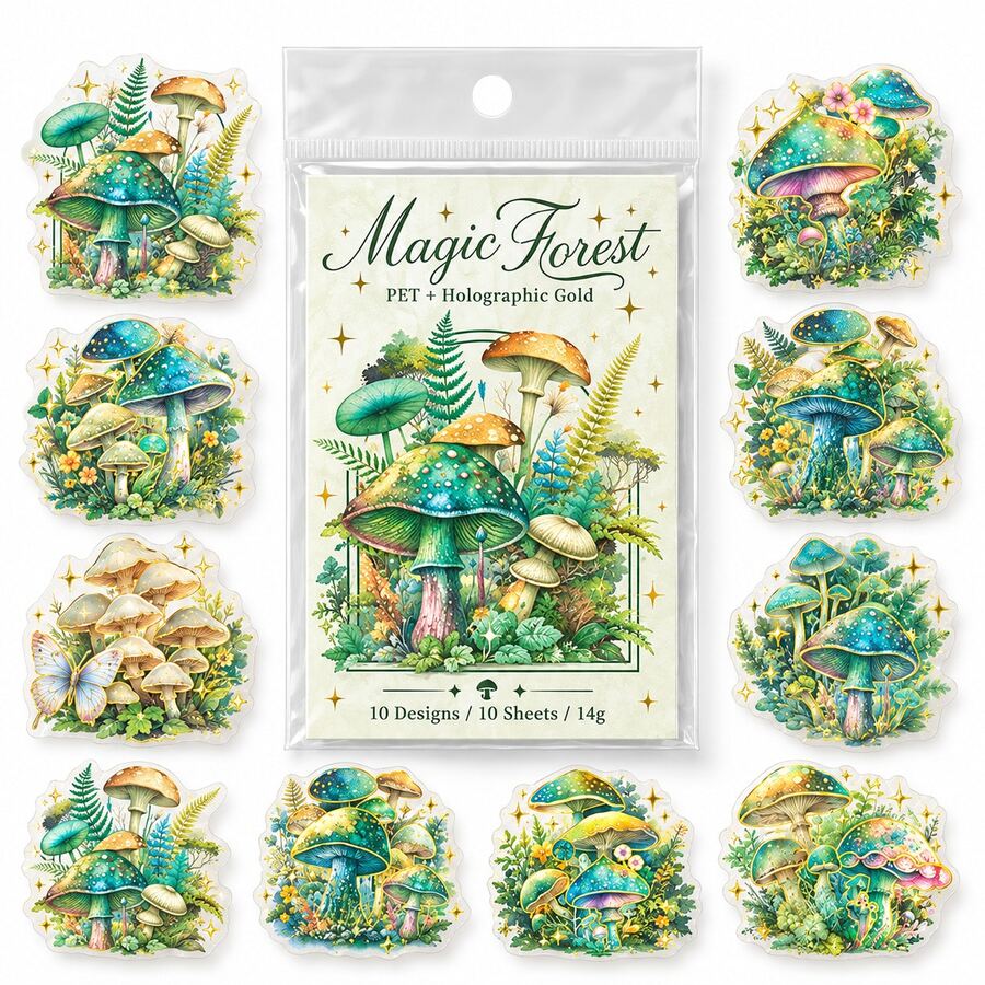 Magic Forest Series Laser Gold PET Sticker Pack, Mushroom Theme 3D Foil Stamping Planner Stickers, DIY Decorative Stickers - Multicolor - View 1