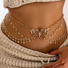 1pc Sexy Fashion Multi-Layer Waist Chain, Elegant Versatile Butterfly & Daisy Pendant Waist Chain - Gold - View 1
