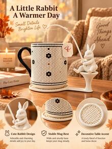 Cute White Ceramic Rabbit Tea Bag Holder With Coaster, Creative Bunny Fishing Tea Bag Hanger, Aesthetic Kitchen Tea Accessories - Multicolor - View 6