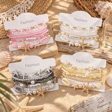 7pcs/Set Boho Multi-Layer Ocean Theme Bracelet Set, Starfish & Shell Faux Pearl Beaded Bracelets, Beach Holiday Accessories - Starfish Shell Bracelet - View 7