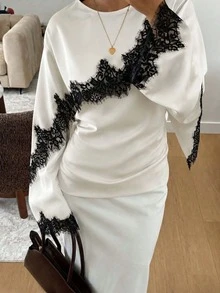 Elegant Lace Patchwork Women's Blouse, Autumn Vintage Party Commute Cinched Waist Flared Sleeve Round Neck 2-In-1 Shawl Blouse, Vacation Style - White - View 2