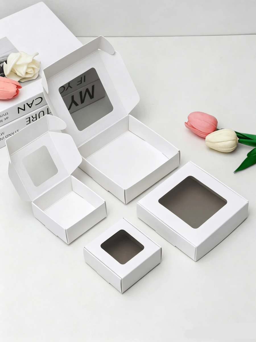 24/12pcs White Paper Boxes With Transparent Window, Gift Packaging Boxes, Suitable For Baking Cookies, Cakes, Candies, Wedding Party, Mother's Day Holiday Gift Packaging - White - View 1