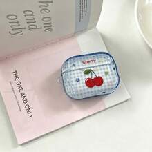 1pc Blue Checkerboard Red Cherry & Star Print TPU Earphone Case, Full Coverage Shockproof Protection, Wavy Edge With Matching Color Hanging Ring, Compatible With Apple Bluetooth Earphones, Fresh Summer Blue & White Checkerboard With Plump Cherry Pattern, Includes "Cherry" Text, Energetic Girl Style, Built-In Hanging Ring For Easy Attachment To Bags To Prevent Loss, Precise Cutouts For Charging Without Removing Case, Glossy Transparent Shell With Durable Print, Refreshing & Vibrant Color Scheme, Classic & Timeless, Summer Vibe, Versatile & Cute Earphone Protective Cover - Blue - View 6