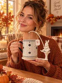 Cute White Ceramic Rabbit Tea Bag Holder With Coaster, Creative Bunny Fishing Tea Bag Hanger, Aesthetic Kitchen Tea Accessories - Multicolor - View 4