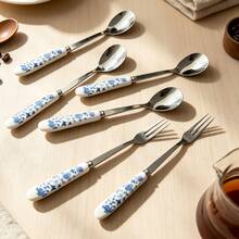 6/12pcs Blue Floral Ceramic Handle Stainless Steel Coffee Spoons, Dessert Spoons, Ice Cream Spoons, Small Spoons, Small Forks And Fruit Forks, Suitable For Home, Restaurant, Hotel Use - Multicolor - View 2