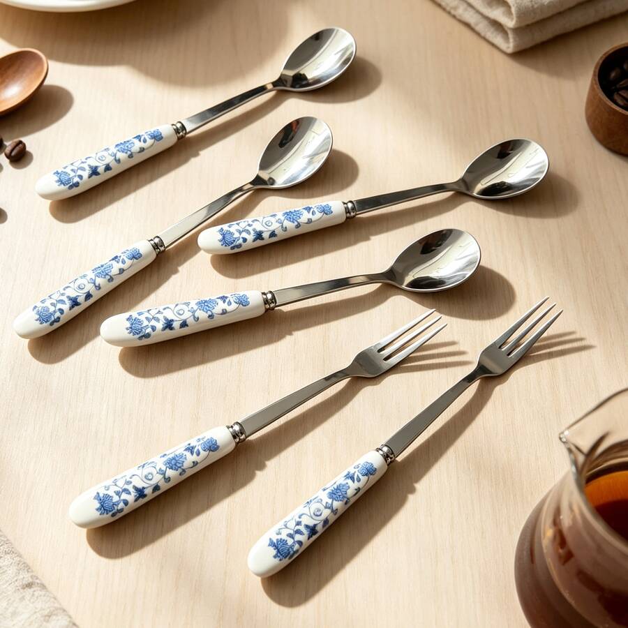 6/12pcs Blue Floral Ceramic Handle Stainless Steel Coffee Spoons, Dessert Spoons, Ice Cream Spoons, Small Spoons, Small Forks And Fruit Forks, Suitable For Home, Restaurant, Hotel Use