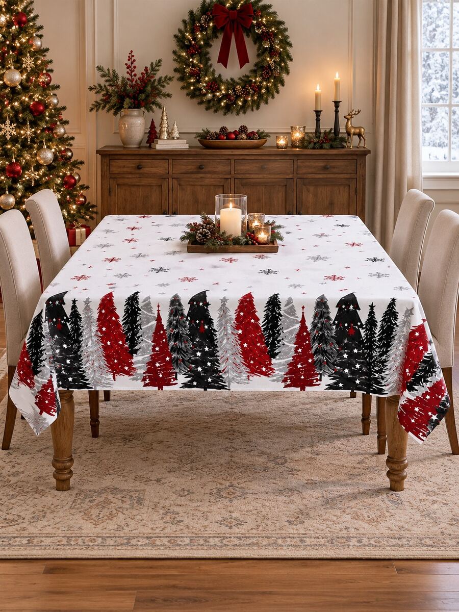 1 Christmas Tablecloth, Snowflake Christmas Tree Pattern Dining Table Set, Home Decoration, Christmas Party Kitchen Decoration - Multicolor - View 1