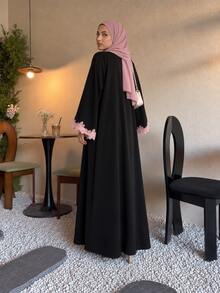 2pcs Set Abaya Elegan Kasual Menawan dengan Jilbab, Cardigan Berenda, dan Jubah Panjang untuk Pesta dan Pakaian Kasual - Hitam - View 4
