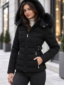 Women Faux Fur Trim Hooded Zip Up Padded Coat With Waist Buckle Detail - Black - View 3