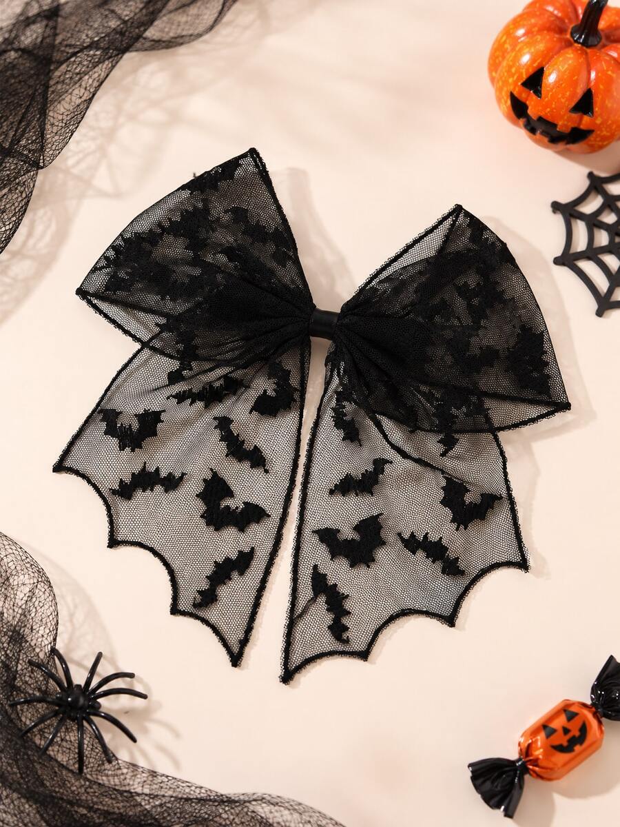 1pc Halloween Hair Bow Clip For Girl,Spider Web Print Solid Color Lace Hair Clip For Halloween Cosplay&Gift,Kids Hair Accessories - Multicolor - View 1