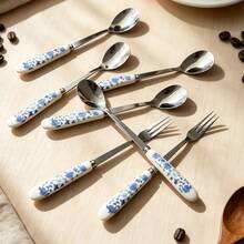 6/12pcs Blue Floral Ceramic Handle Stainless Steel Coffee Spoons, Dessert Spoons, Ice Cream Spoons, Small Spoons, Small Forks And Fruit Forks, Suitable For Home, Restaurant, Hotel Use - Multicolor - View 3