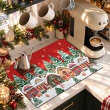 1pc Christmas Absorbent Mat, Christmas Town Pattern, Kitchen Countertop Absorbent Drying Mat, Coffee Machine Mat, Pour-Over Coffee Pot Mat, Dish Drying Mat, Non-Slip Heat-Resistant Kitchen Mat, Table Mat, Breakfast Mat, Washing Machine Mat, Home Kitchen Dining Table Coffee Shop Bar Decor Mat, Holiday Party Housewarming Gift, Christmas Holiday Gift! - Multicolor - View 5