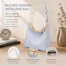 Women's Ruched Strap Contrast Color Tote Bag, Large Capacity Gym Shoulder Bag, Lightweight Durable Soft Strap With Pressure Relief, Drawstring Decor Design Underarm Bag, Fresh Light Blue, Suitable For Sports Gear, Commuting, Shopping, Travel, Daily Casual Use - Multicolor - View 7