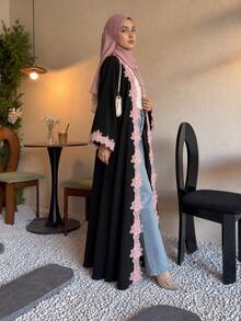 2pcs Set Abaya Elegan Kasual Menawan dengan Jilbab, Cardigan Berenda, dan Jubah Panjang untuk Pesta dan Pakaian Kasual - Hitam - View 3