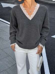 Women's Chic Knit V-Neck Pullover Sweater With Contrast Lace Trim Long Sleeves, Perfect For Fall And Winter. - Grey - View 2