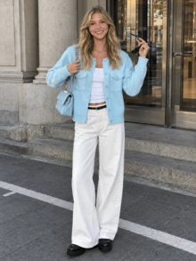New Autumn/Winter Women's Casual Minimalist Korean Style Pocket Design Knit Cardigan Jacket - Baby Blue - View 2