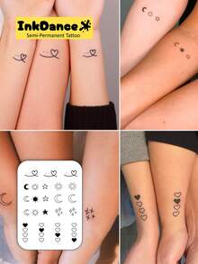 1 Set "Miniature Design" Revolutionary Technology Tattoo Stickers, Semi-Permanent Tattoos, Temporary Tattoos, Long-Lasting, Butterfly Wings, Paw Prints, Sun, Heart, Moon Patterns, Realistic Tattoo Effect, Waterproof, Plant-Based Material X162 - Black - View 2