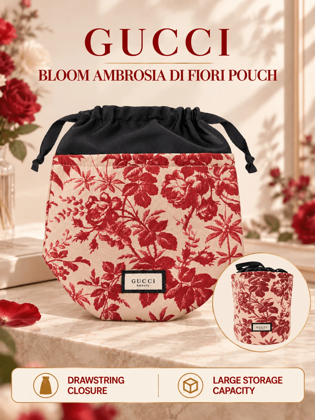 Tas Penyimpanan Gucci Floral Charm, 14,5*19cm, terbuat dari kain lembut dan ringan, dengan penutup tali serut, cocok untuk menyimpan riasan dan barang-barang kecil lainnya saat bepergian.