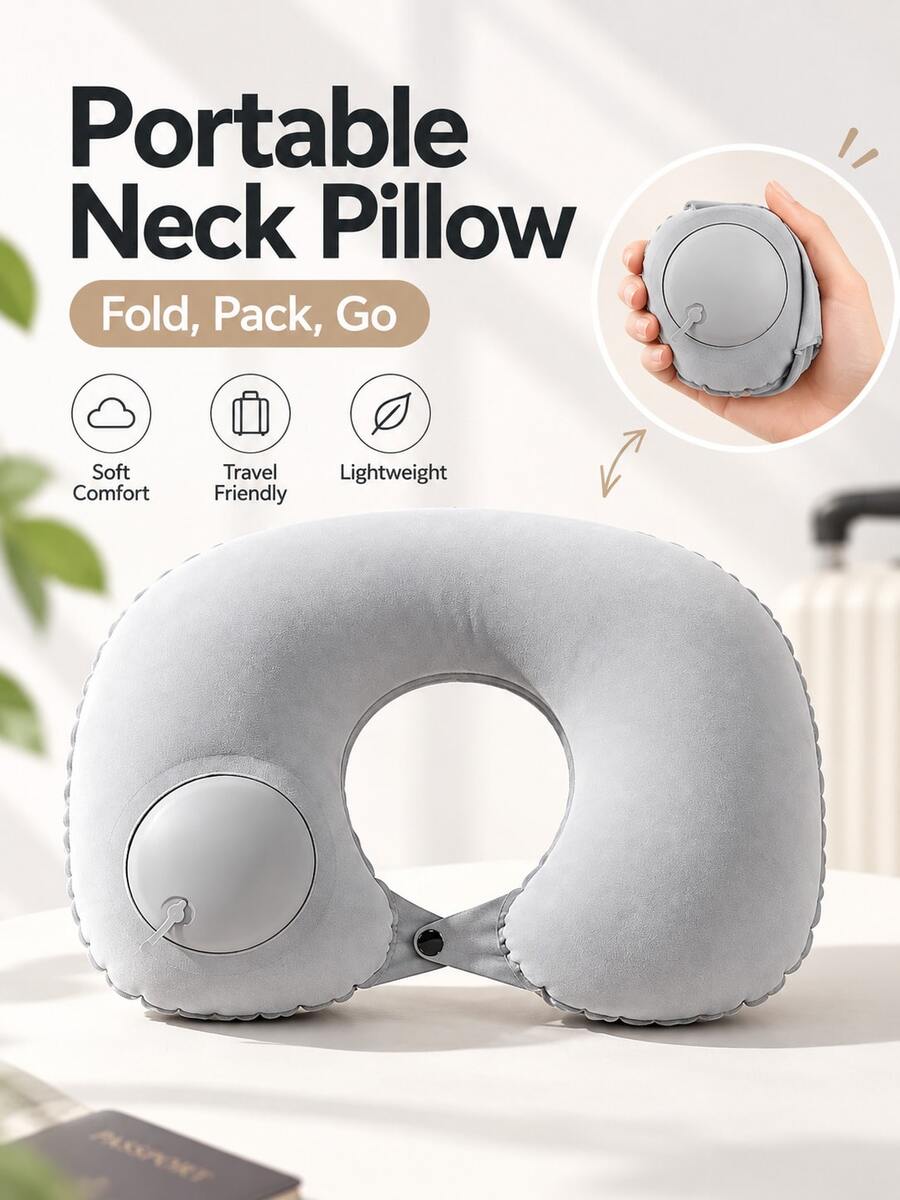 Bantal Leher Tiup Portabel, Bantal Perjalanan Bentuk U dengan Desain Pengisian Cepat, Bantal Udara Ringan untuk Perjalanan Pesawat, Mobil, Kereta Api, Hadiah Liburan Natal