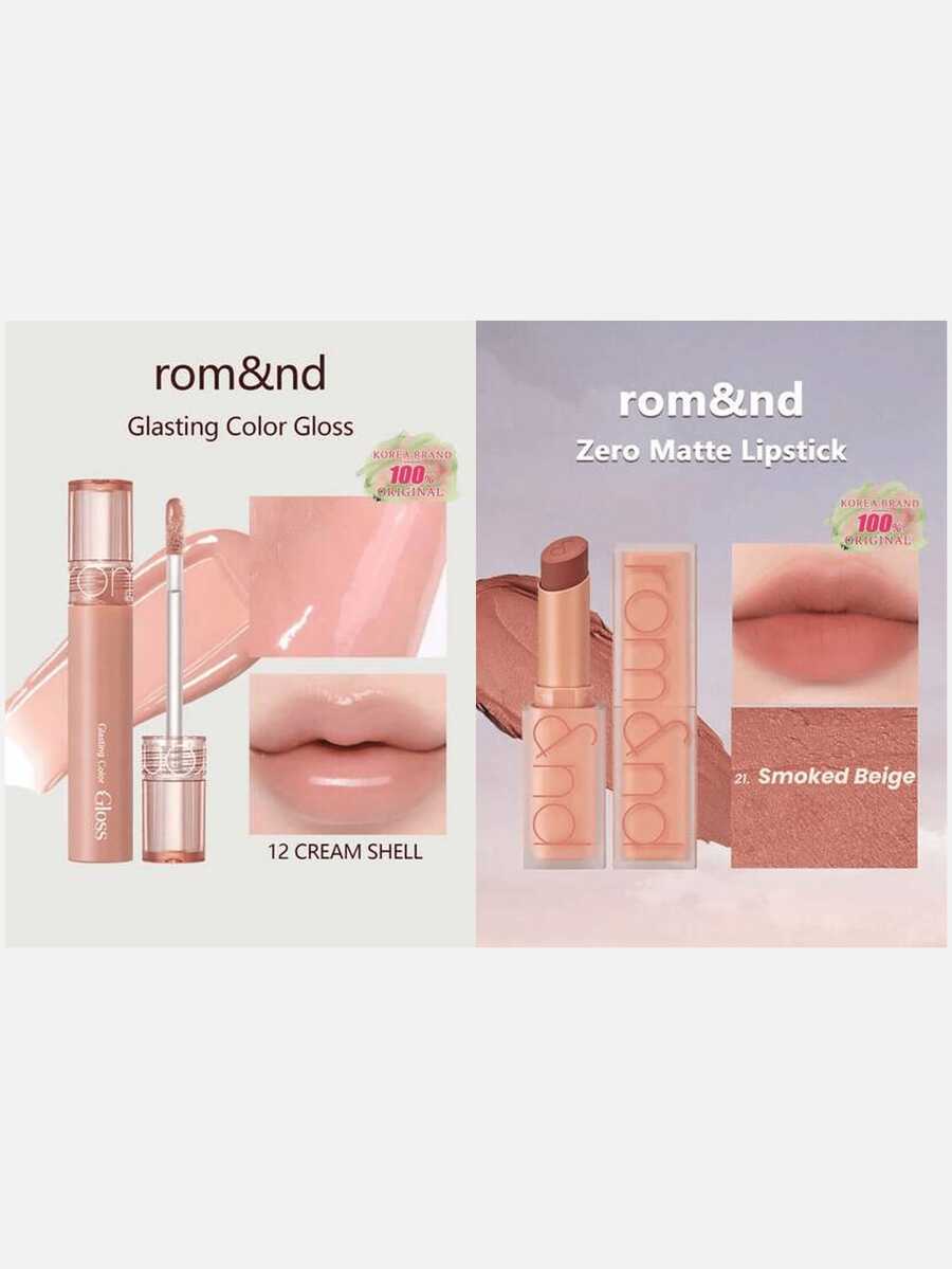 Rom&nd Romand Glasting Color Glossy Lip Glaze 12 CREAM SHELL + ZERO MATTE Matte Lipstick #21 Smoky Beige, 2pcs Set - 12 CREAM SHELL+#21 SMOKED BEIGE - View 1