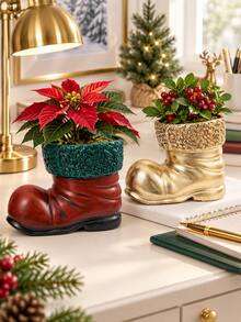 1pc Christmas Shoe-Shaped Planter, Vintage Country Boot Planter With Decorative Textured Trim, Holiday Plant Stand, Suitable For Living Room, Mantel, Entryway And Tabletop Decor Center - New Product - View 4