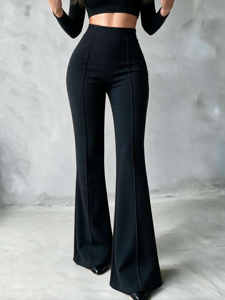 Women's High Waist Front Seam Flare Pants, Elastic Waist Slim Fit Stretch Bootcut Trousers, Casual & Formal - Black - View 1