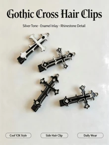 2pcs Gothic Rhinestone Cross Hair Clips For Women, Punk Metal Enamel Hair Clips, Side Bangs Hair Clips, Dark Street Style Daily Party Hair Accessories - Multicolor - View 2