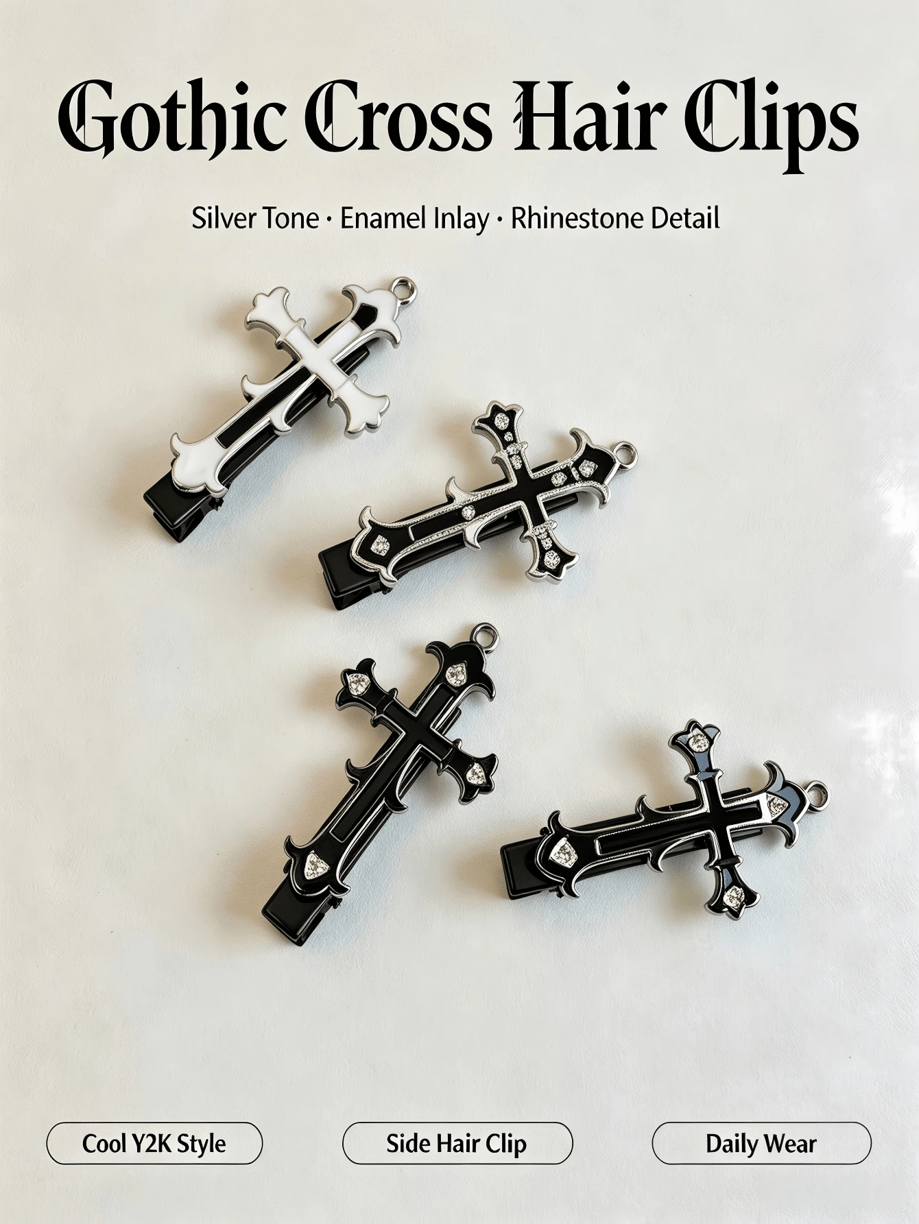 2pcs Gothic Rhinestone Cross Hair Clips For Women, Punk Metal Enamel Hair Clips, Side Bangs Hair Clips, Dark Street Style Daily Party Hair Accessories