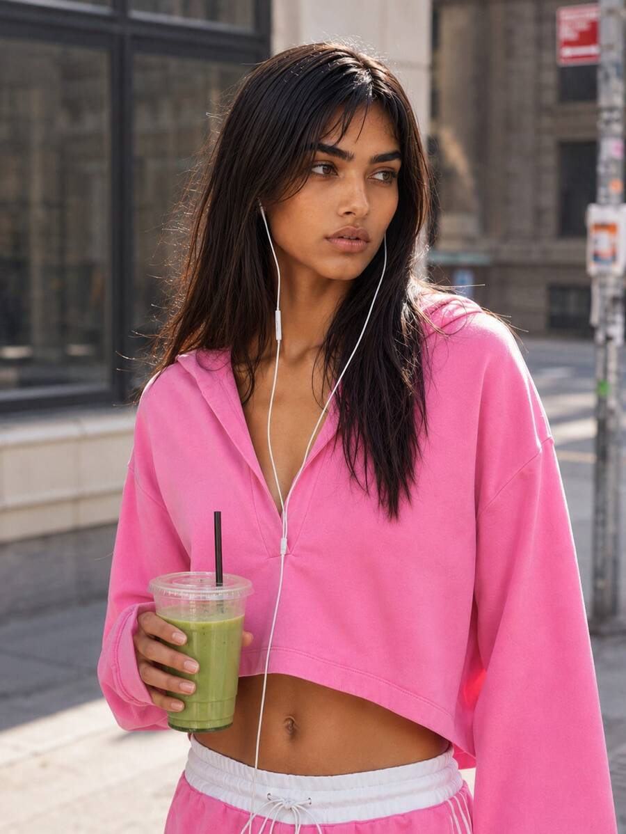 Zerodot Women Pink V-Neck Cropped Hoodie Casual Vacation Fall Pre Fall - Pink - View 1